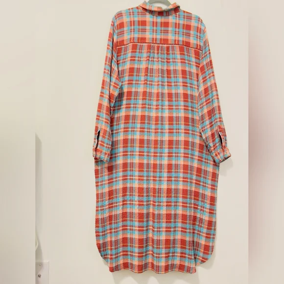 Pilcro Long Plaid Button-Up Shirt Dress in Teal and Burgundy - Picture 4 of 11